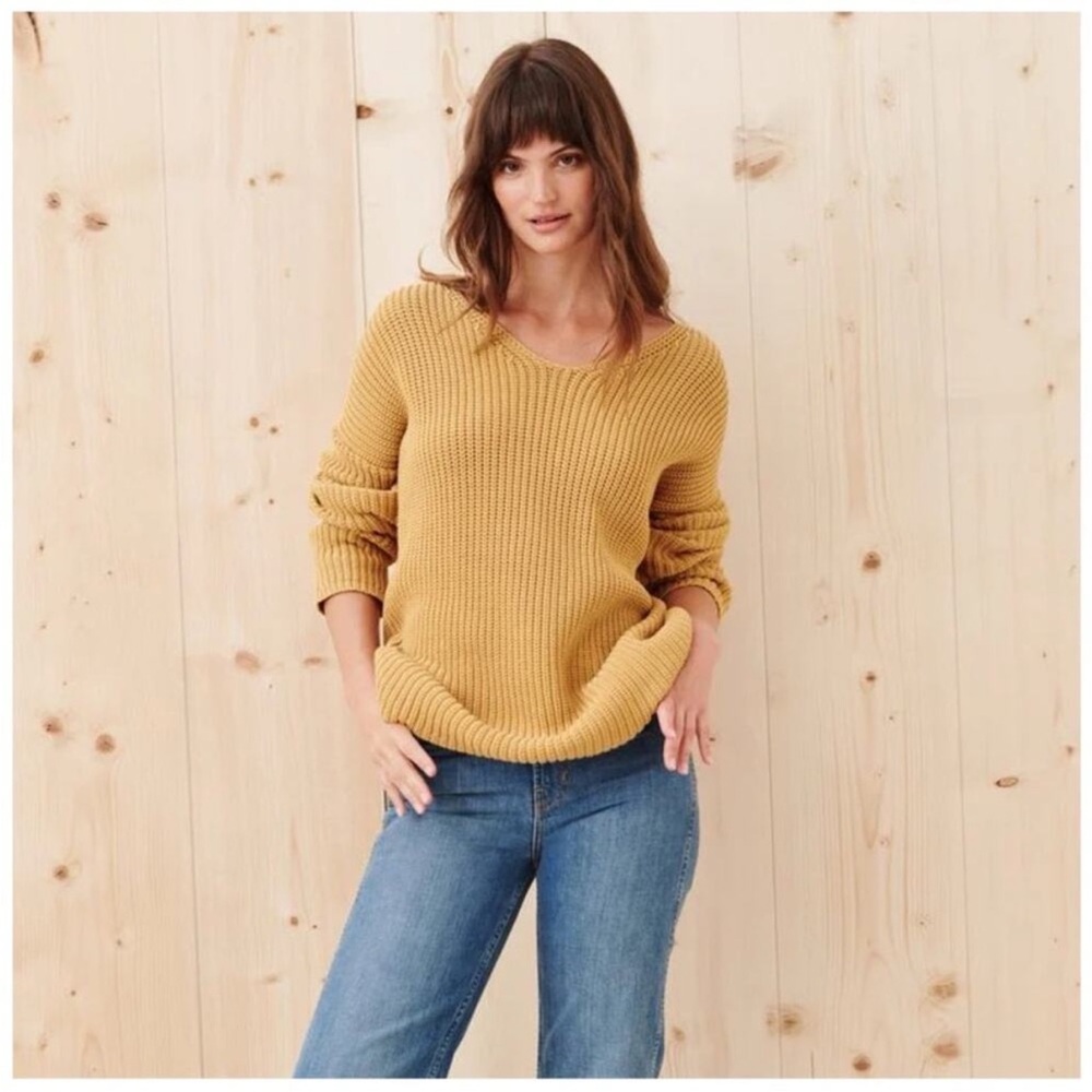 Jenni Kayne Organic Cotton Cabin Fisherman Oversized V Neck Cardigan In Mustard